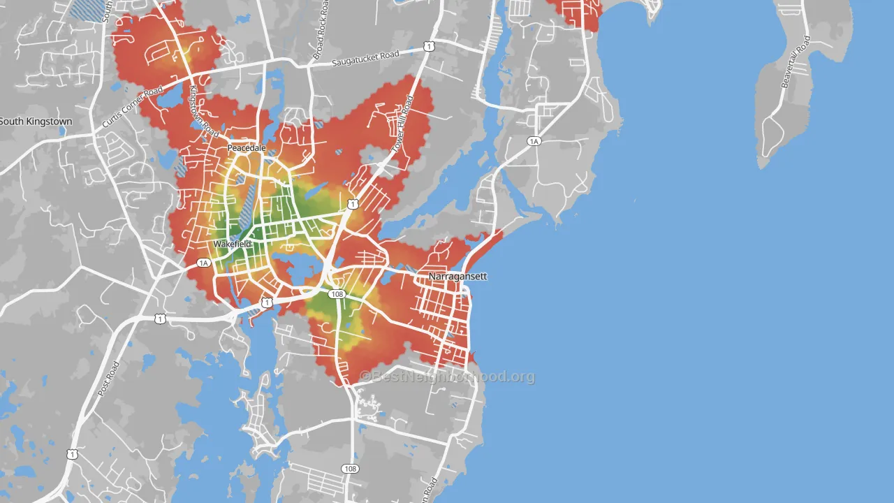 Walk Grade map of Narragansett, RI, walkable areas in green and car-dependent areas in red