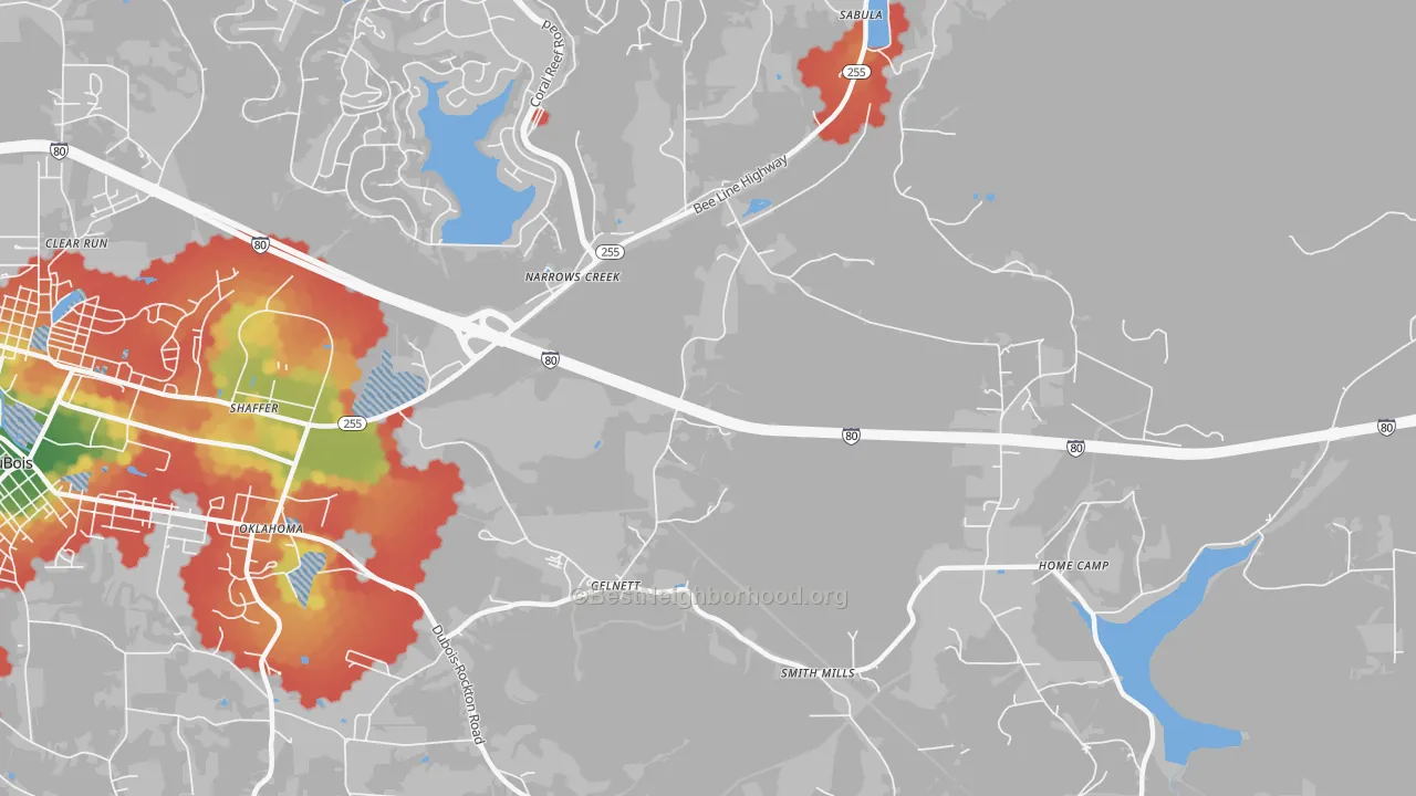 Walk Grade map of Narrows Creek, PA, walkable areas in green and car-dependent areas in red