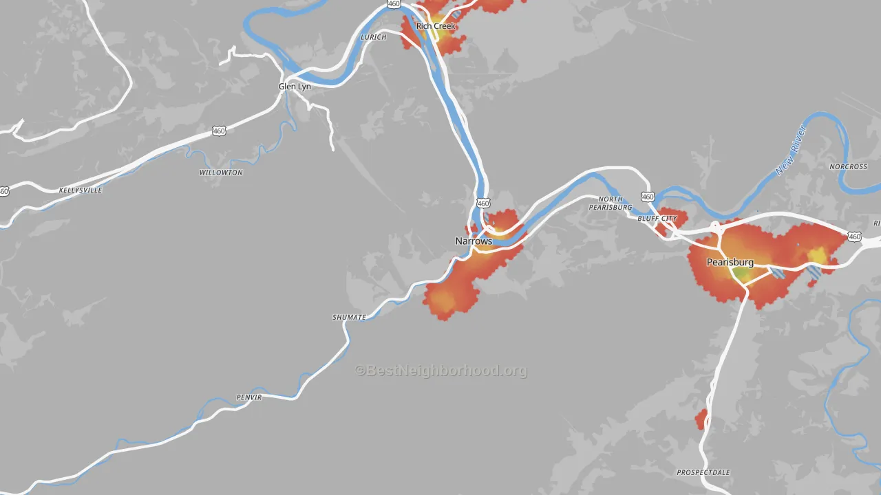 Walk Grade map of Narrows, VA, walkable areas in green and car-dependent areas in red