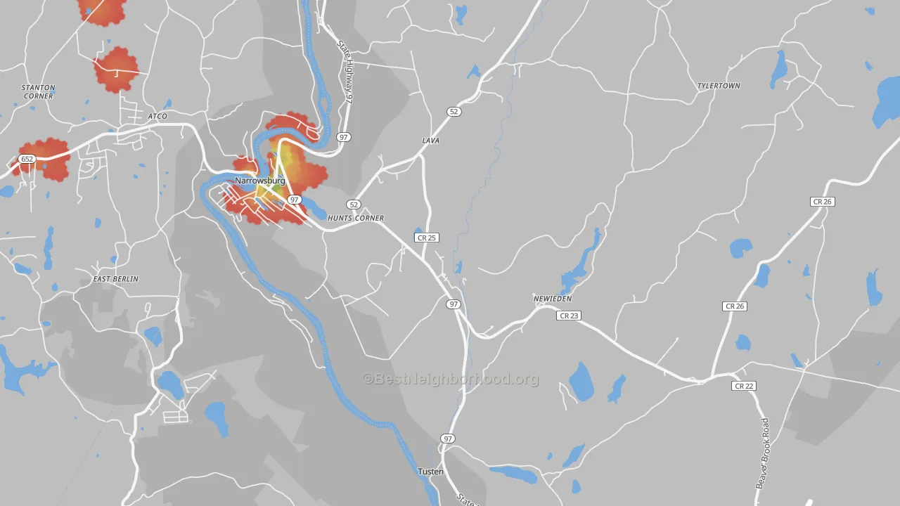 Walk Grade map of Narrowsburg, NY, walkable areas in green and car-dependent areas in red
