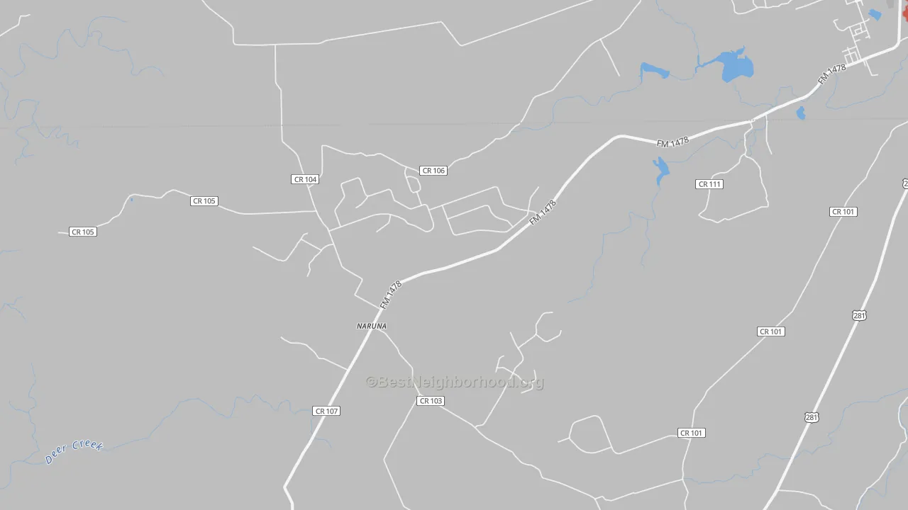 Walk Grade map of Naruna, TX, walkable areas in green and car-dependent areas in red
