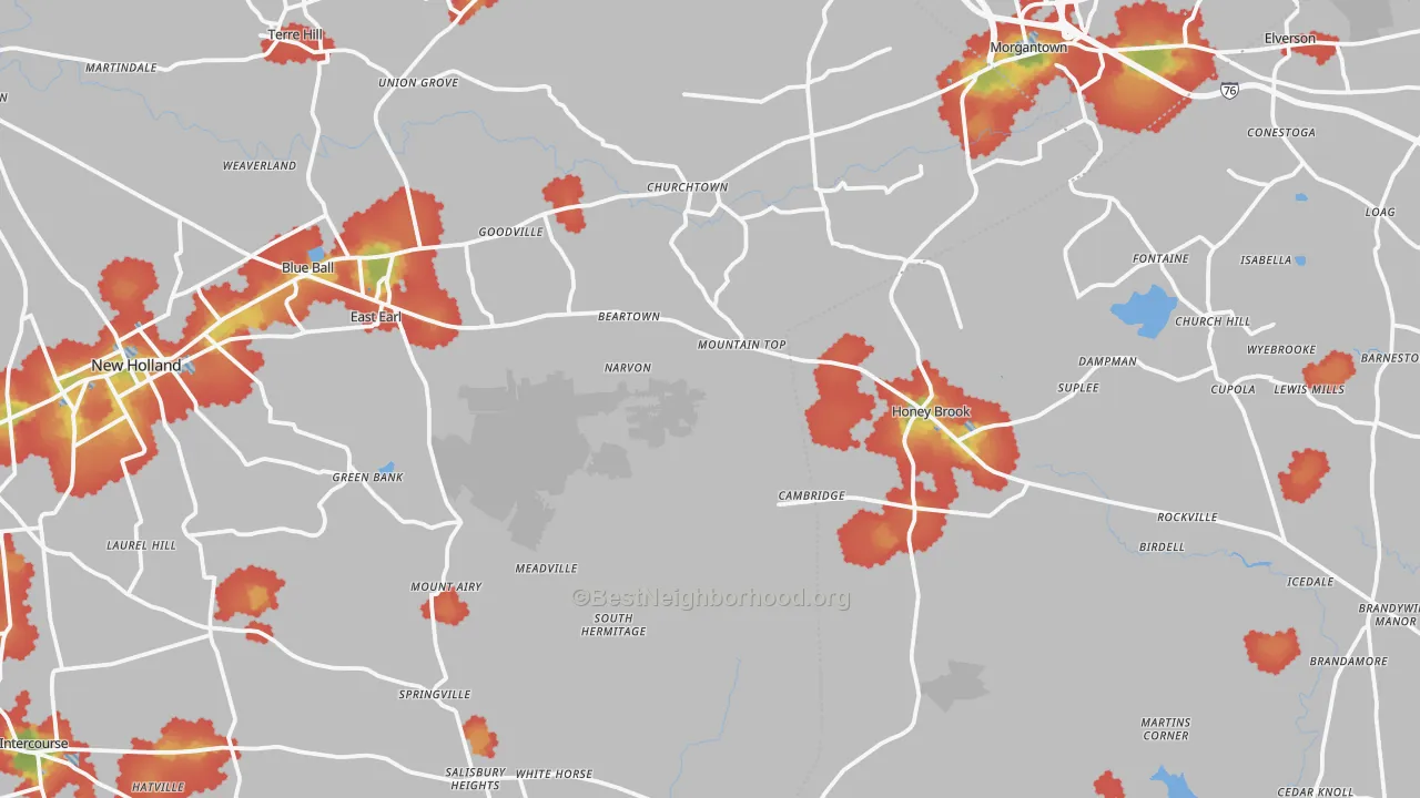Walk Grade map of Narvon, PA, walkable areas in green and car-dependent areas in red