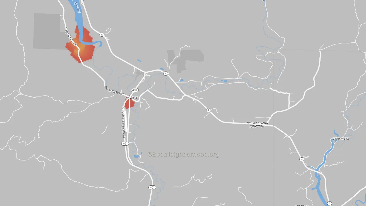 Walk Grade map of Naselle, WA, walkable areas in green and car-dependent areas in red