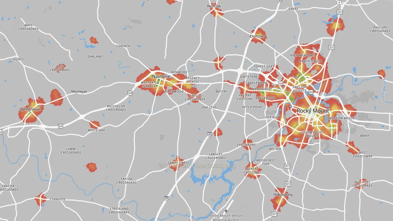 Walk Grade map of Nash County, NC, walkable areas in green and car-dependent areas in red
