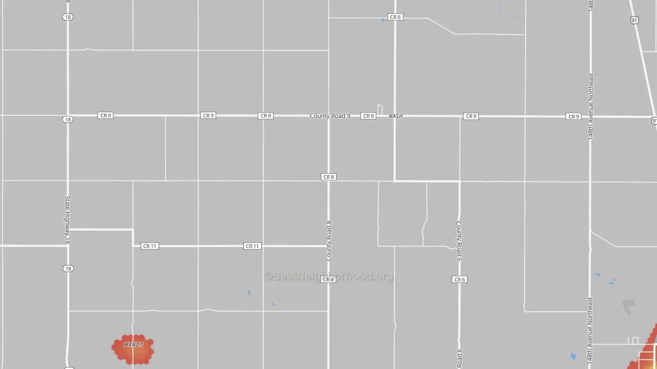 Walk Grade map of Nash, ND, walkable areas in green and car-dependent areas in red