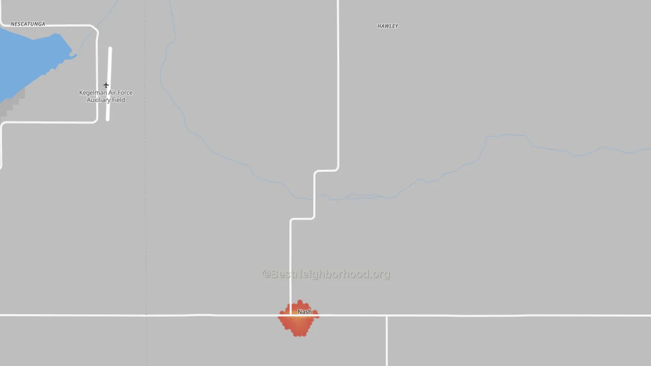 Walk Grade map of Nash, OK, walkable areas in green and car-dependent areas in red