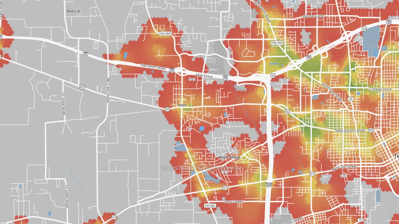 Walk Grade map of Nash, TX, walkable areas in green and car-dependent areas in red