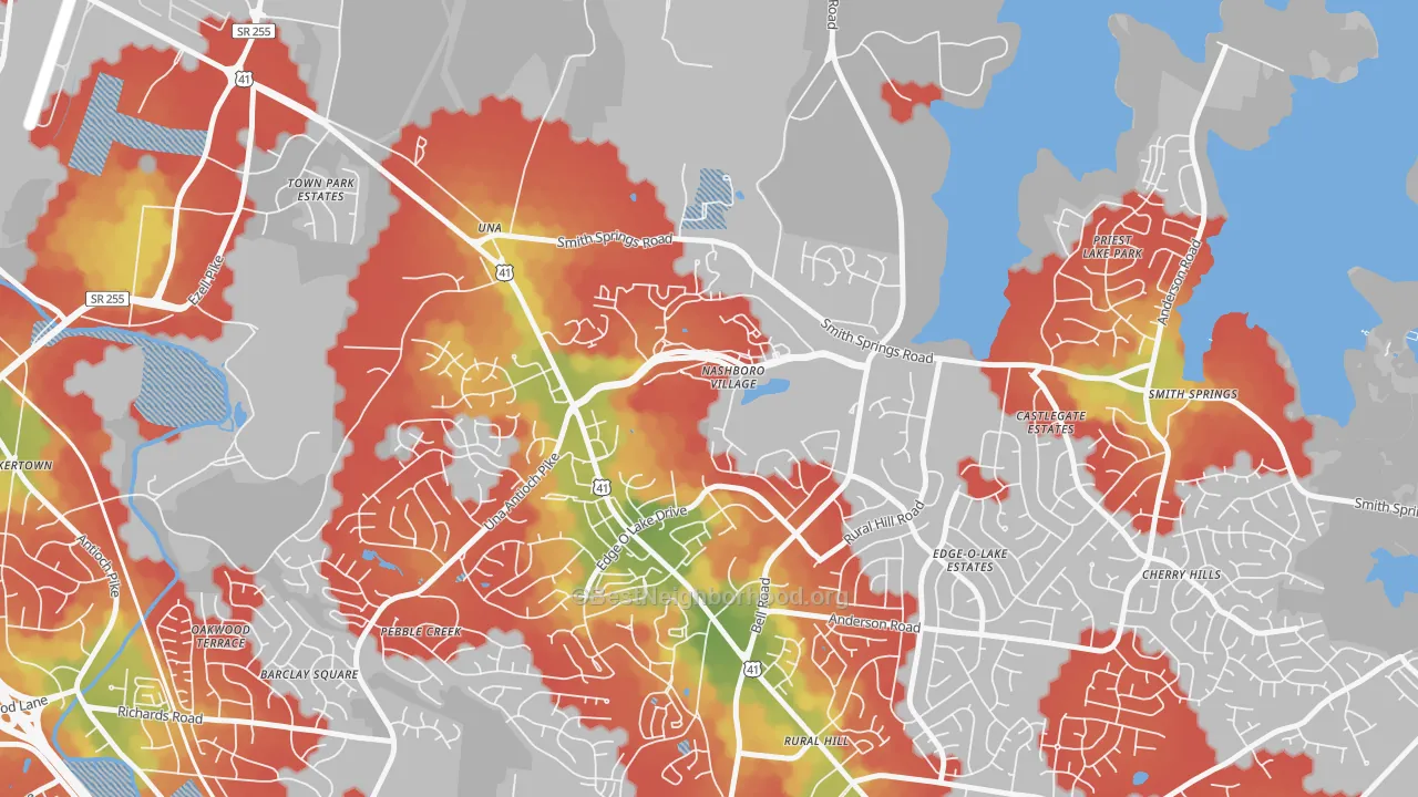 Walk Grade map of Nashboro Village, Nashville, TN, walkable areas in green and car-dependent areas in red