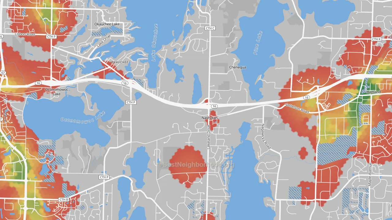 Walk Grade map of Nashotah, WI, walkable areas in green and car-dependent areas in red