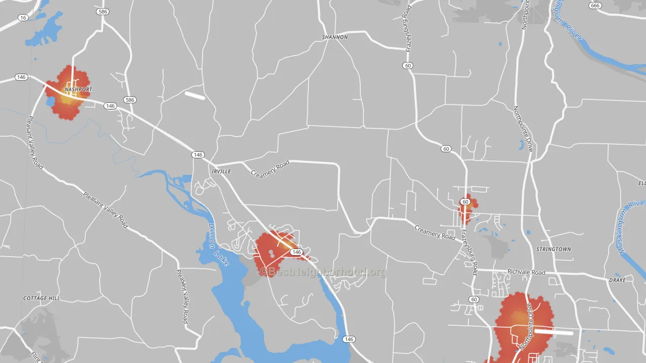 Walk Grade map of Nashport, OH, walkable areas in green and car-dependent areas in red