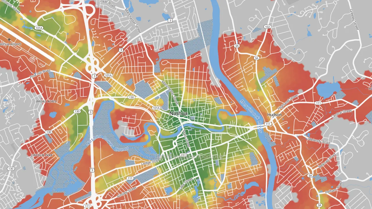 Walk Grade map of Nashua Historic District, Nashua, NH, walkable areas in green and car-dependent areas in red
