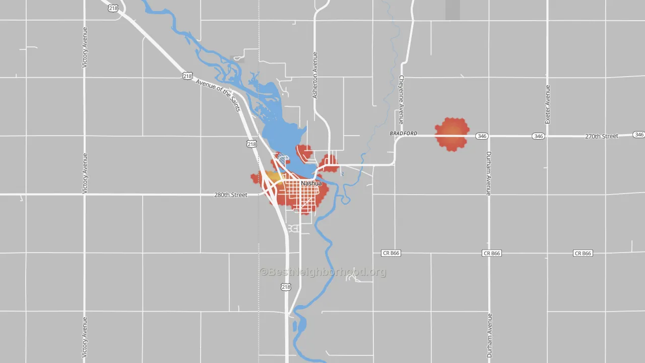 Walk Grade map of Nashua, IA, walkable areas in green and car-dependent areas in red