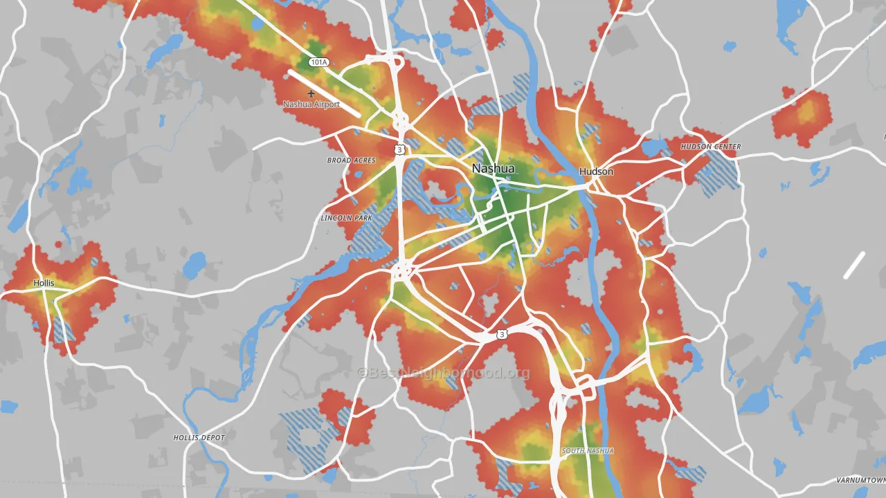 Walk Grade map of Nashua, NH, walkable areas in green and car-dependent areas in red