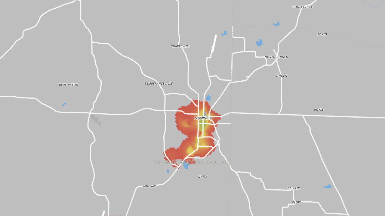 Walk Grade map of Nashville, AR, walkable areas in green and car-dependent areas in red