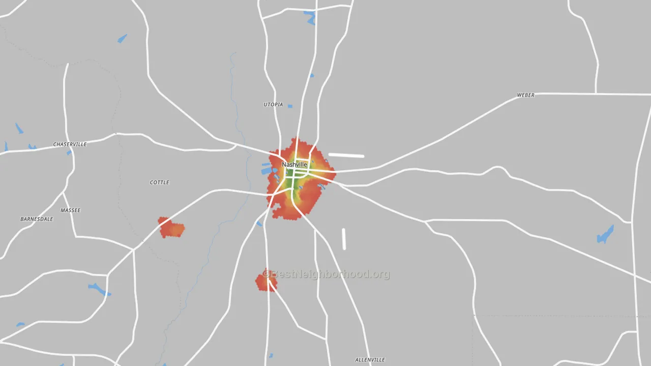 Walk Grade map of Nashville, GA, walkable areas in green and car-dependent areas in red