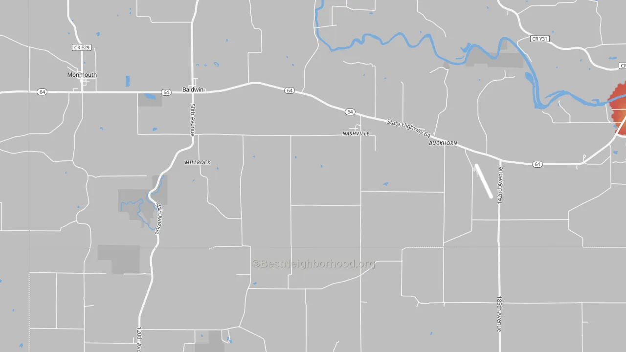 Walk Grade map of Nashville, IA, walkable areas in green and car-dependent areas in red