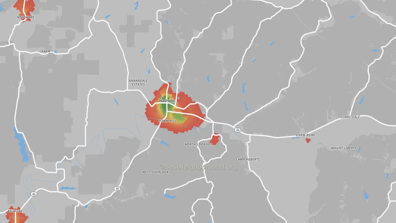 Walk Grade map of Nashville, IN, walkable areas in green and car-dependent areas in red