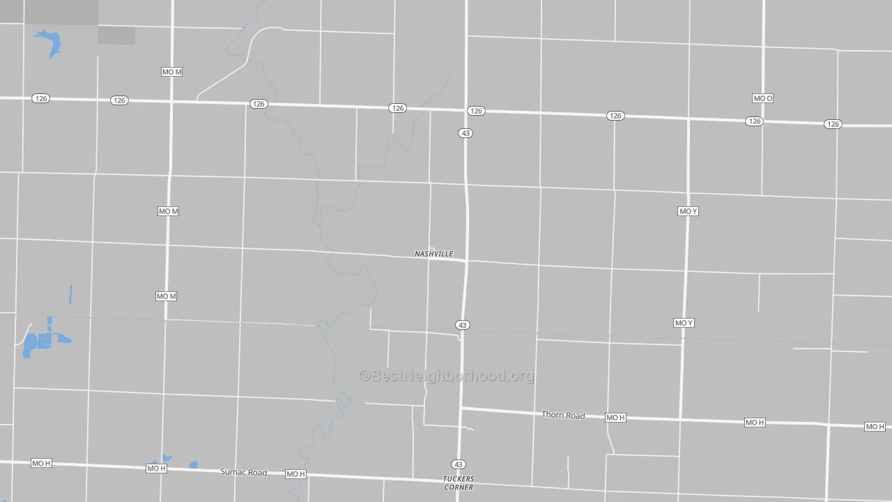 Walk Grade map of Nashville, MO, walkable areas in green and car-dependent areas in red