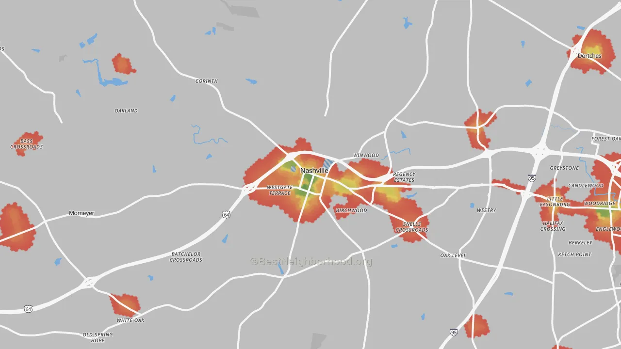 Walk Grade map of Nashville, NC, walkable areas in green and car-dependent areas in red