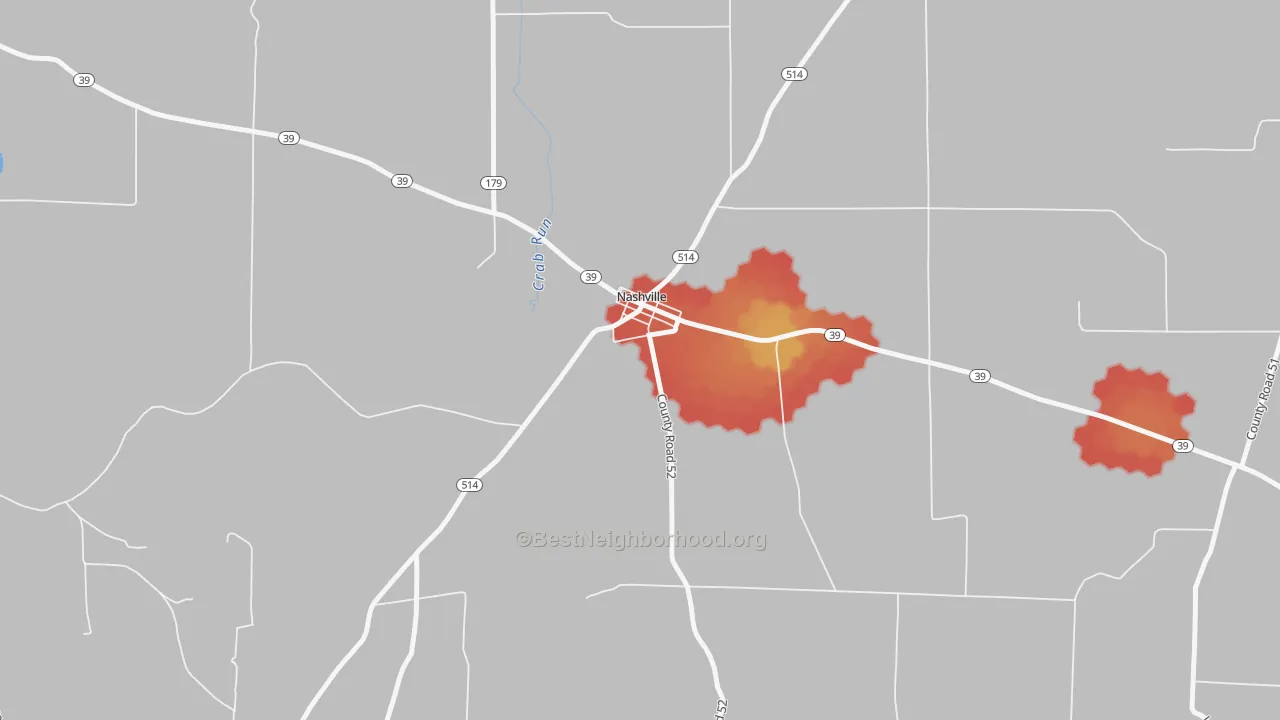 Walk Grade map of Nashville, OH, walkable areas in green and car-dependent areas in red
