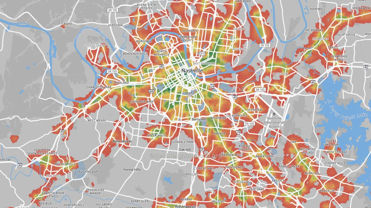 Walk Grade map of Nashville, TN, walkable areas in green and car-dependent areas in red