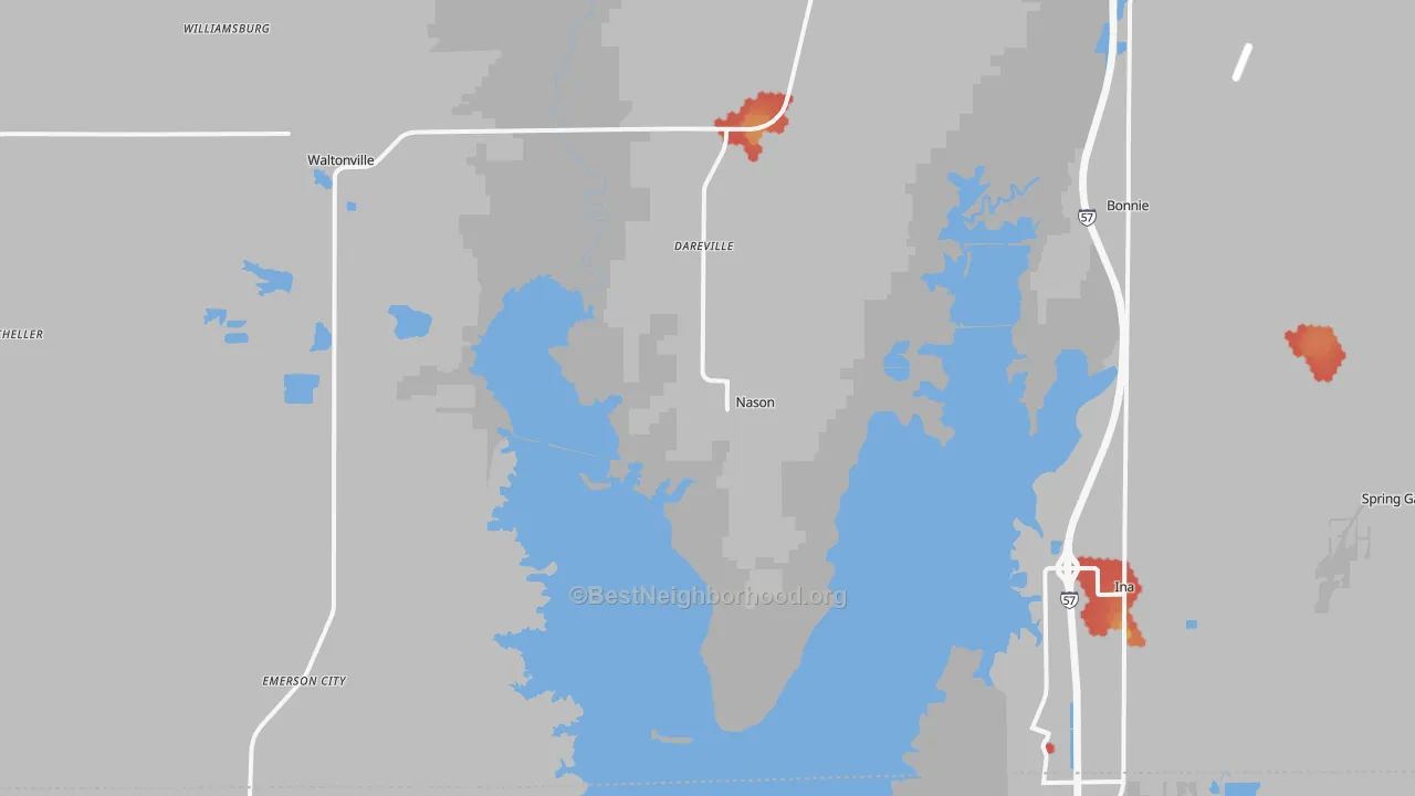 Walk Grade map of Nason, IL, walkable areas in green and car-dependent areas in red