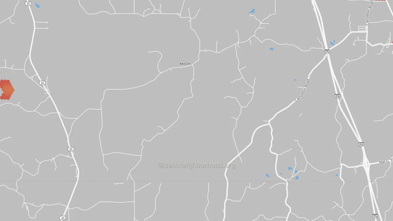 Walk Grade map of Nason, MS, walkable areas in green and car-dependent areas in red