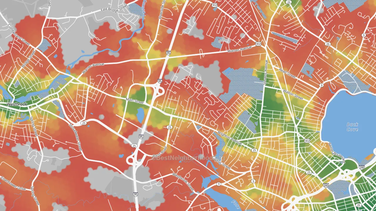 Walk Grade map of Nasons Corner, Portland, ME, walkable areas in green and car-dependent areas in red