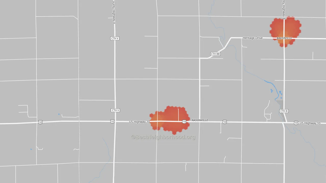 Walk Grade map of Nasonville, WI, walkable areas in green and car-dependent areas in red
