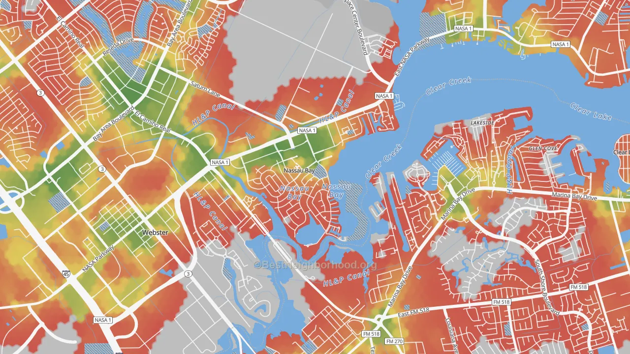 Walk Grade map of Nassau Bay, TX, walkable areas in green and car-dependent areas in red