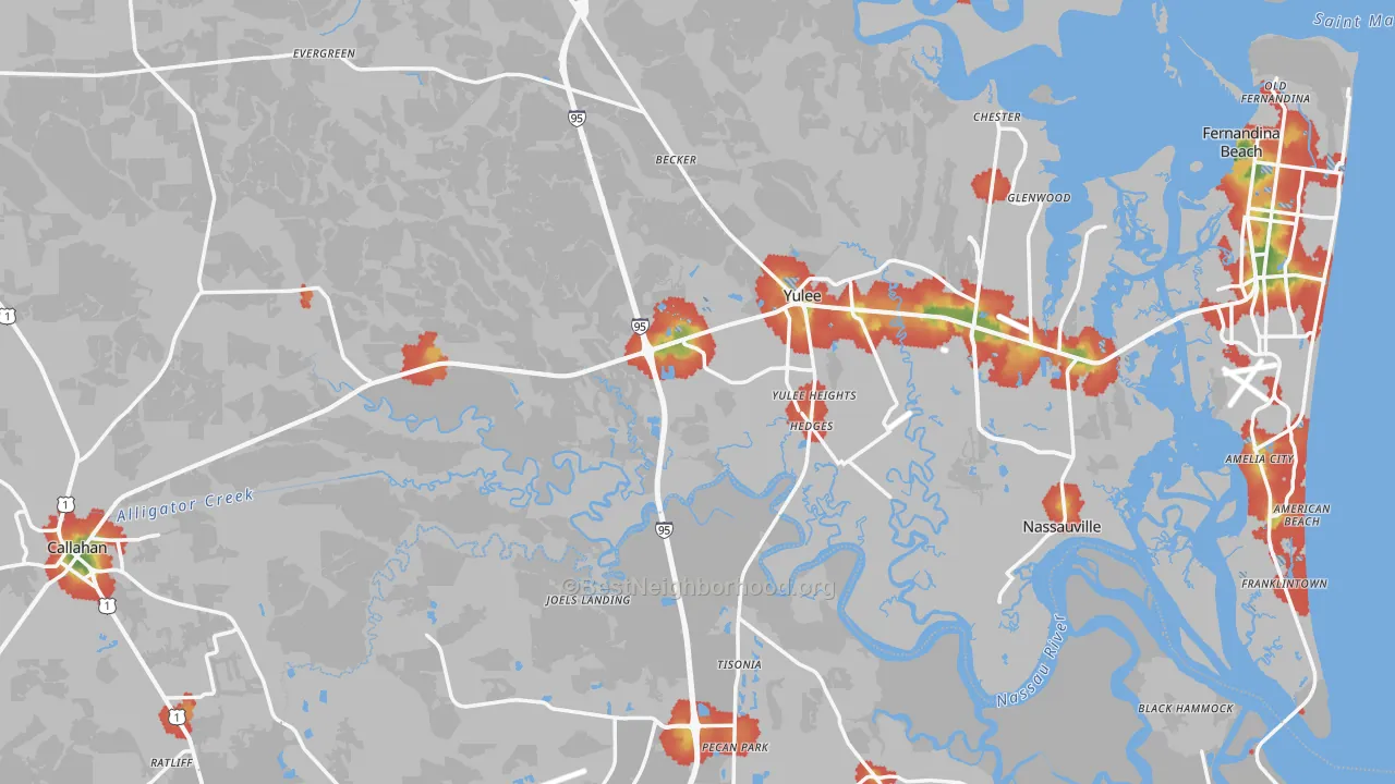 Walk Grade map of Nassau County, FL, walkable areas in green and car-dependent areas in red