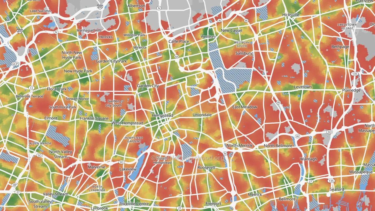 Walk Grade map of Nassau County, NY, walkable areas in green and car-dependent areas in red