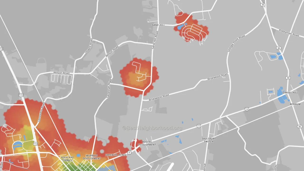 Walk Grade map of Nassau, DE, walkable areas in green and car-dependent areas in red