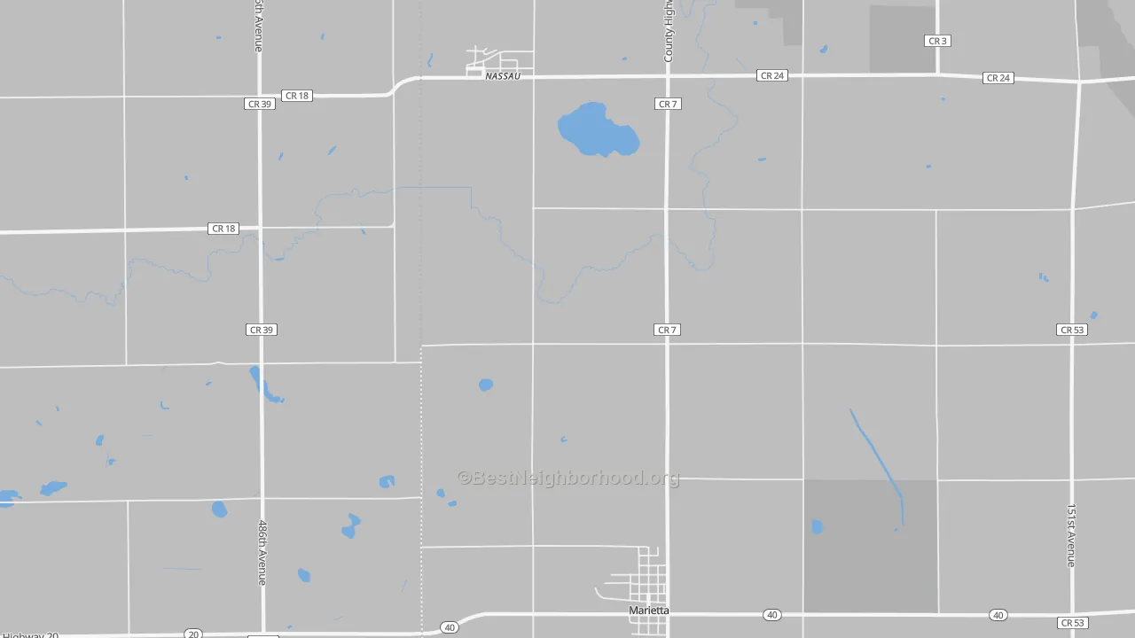 Walk Grade map of Nassau, MN, walkable areas in green and car-dependent areas in red