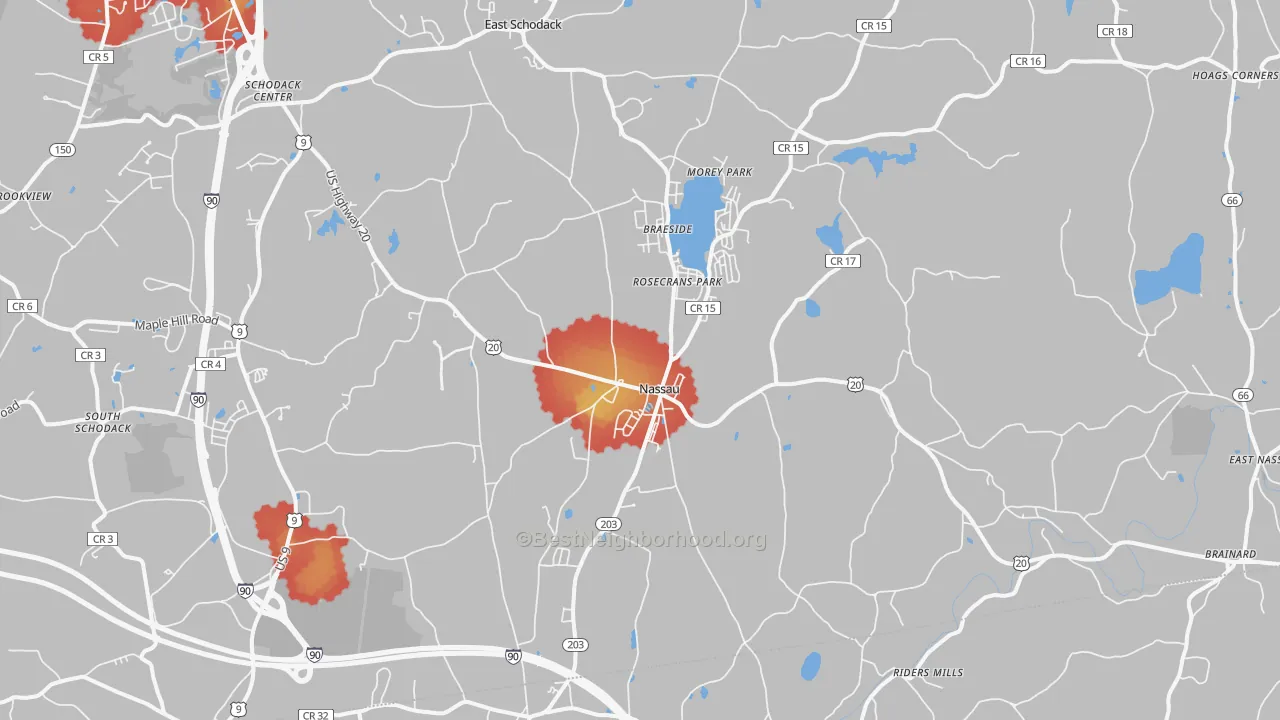 Walk Grade map of Nassau, NY, walkable areas in green and car-dependent areas in red