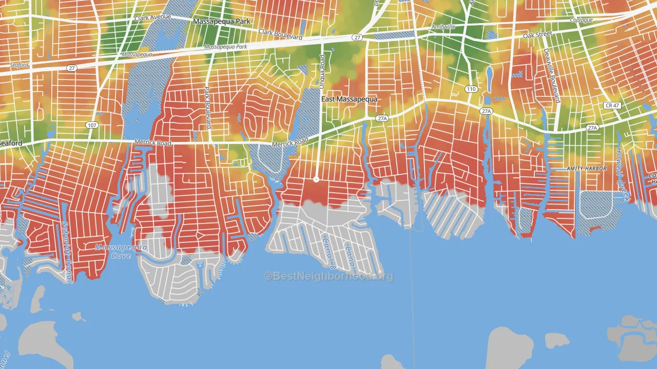 Walk Grade map of Nassau Shores, East Massapequa, NY, walkable areas in green and car-dependent areas in red