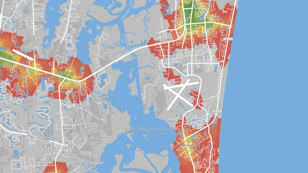 Walk Grade map of Nassau Village, FL, walkable areas in green and car-dependent areas in red