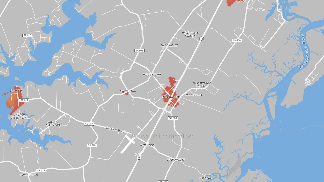 Walk Grade map of Nassawadox, VA, walkable areas in green and car-dependent areas in red