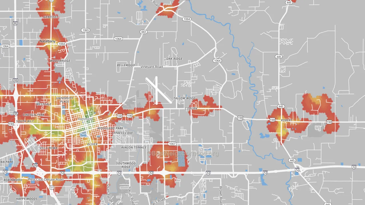 Walk Grade map of Natalbany, LA, walkable areas in green and car-dependent areas in red