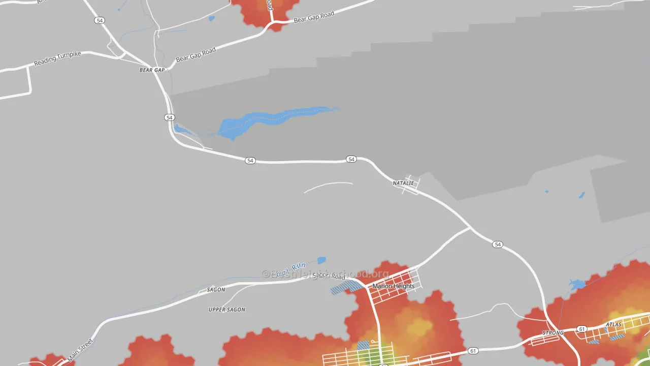 Walk Grade map of Natalie, PA, walkable areas in green and car-dependent areas in red