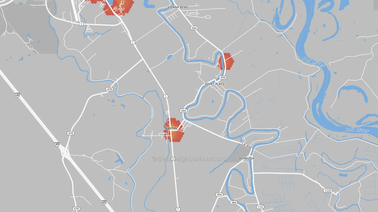 Walk Grade map of Natchez, LA, walkable areas in green and car-dependent areas in red