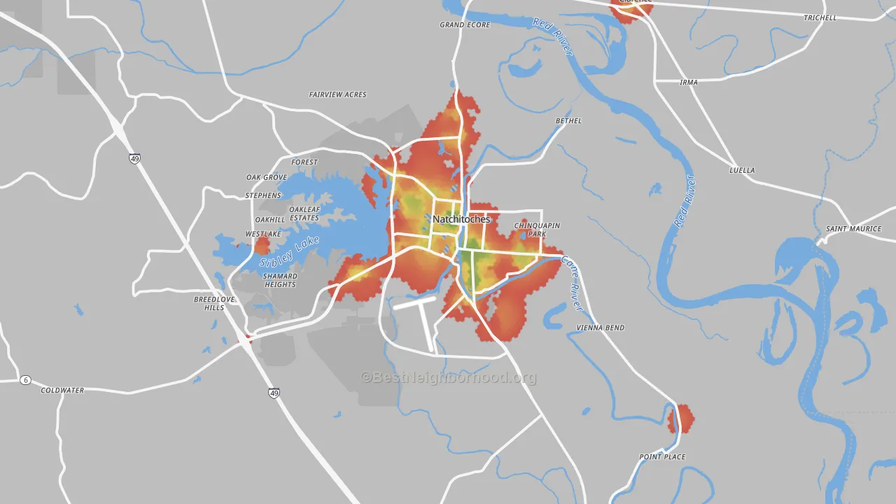 Walk Grade map of Natchitoches, LA, walkable areas in green and car-dependent areas in red