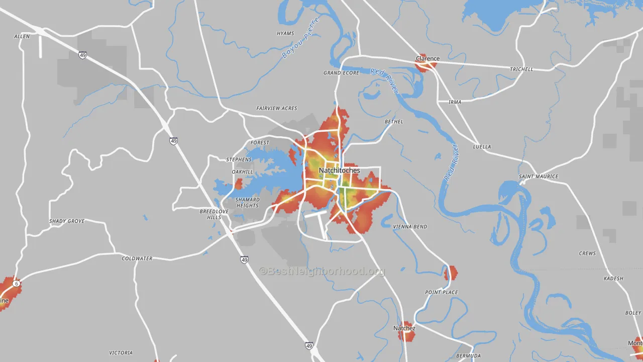 Walk Grade map of Natchitoches Parish, LA, walkable areas in green and car-dependent areas in red
