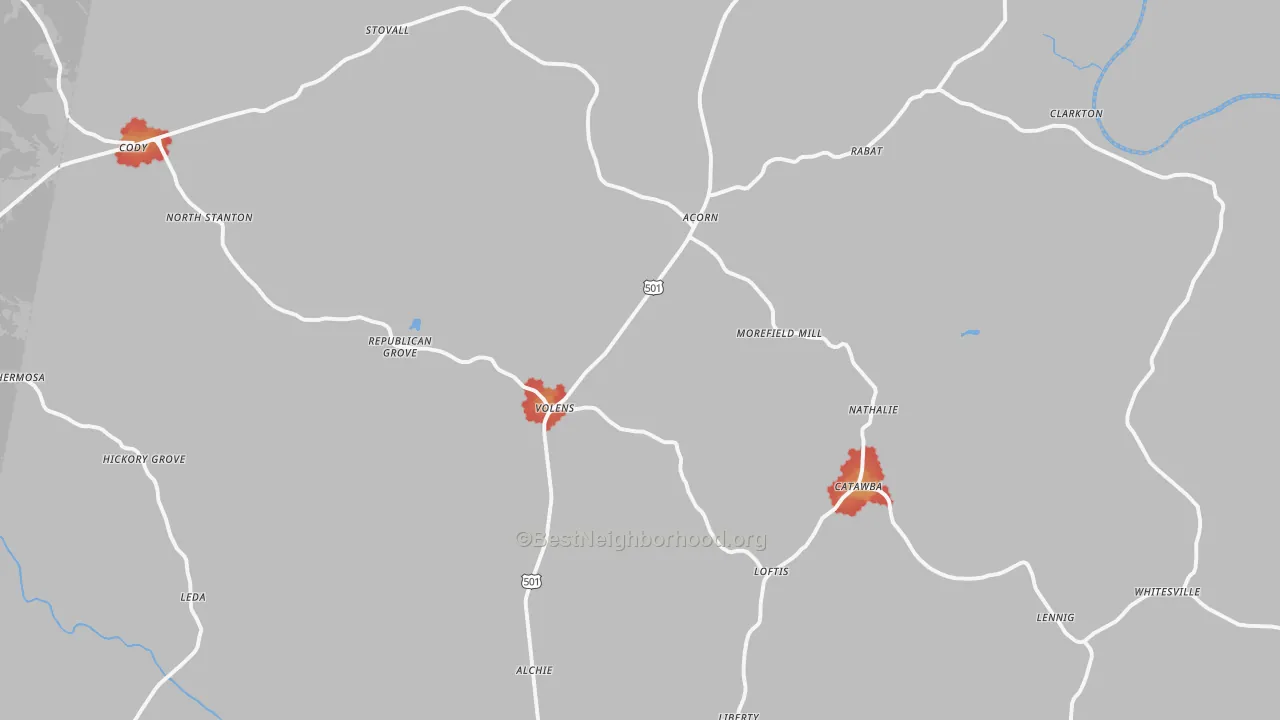 Walk Grade map of Nathalie, VA, walkable areas in green and car-dependent areas in red