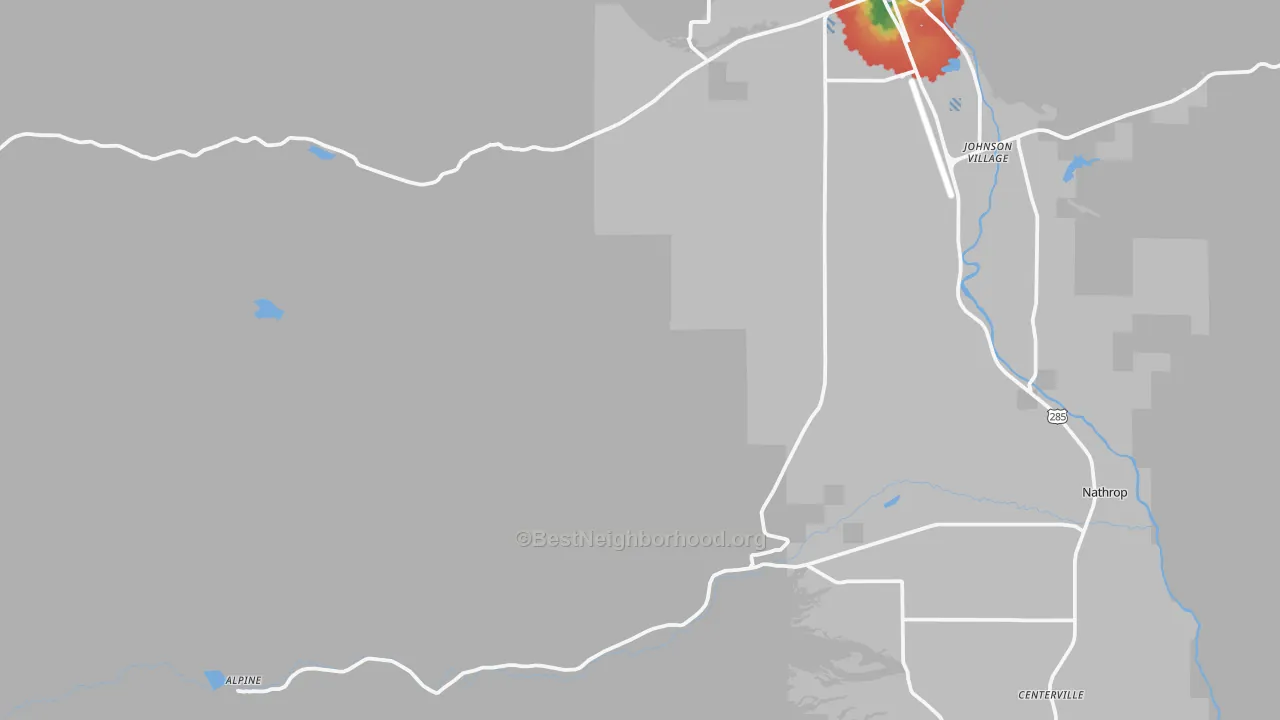Walk Grade map of Nathrop, CO, walkable areas in green and car-dependent areas in red