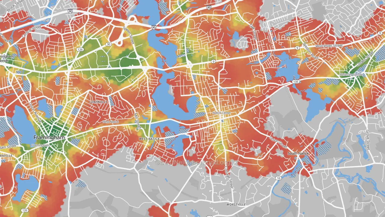 Walk Grade map of Natick, MA, walkable areas in green and car-dependent areas in red