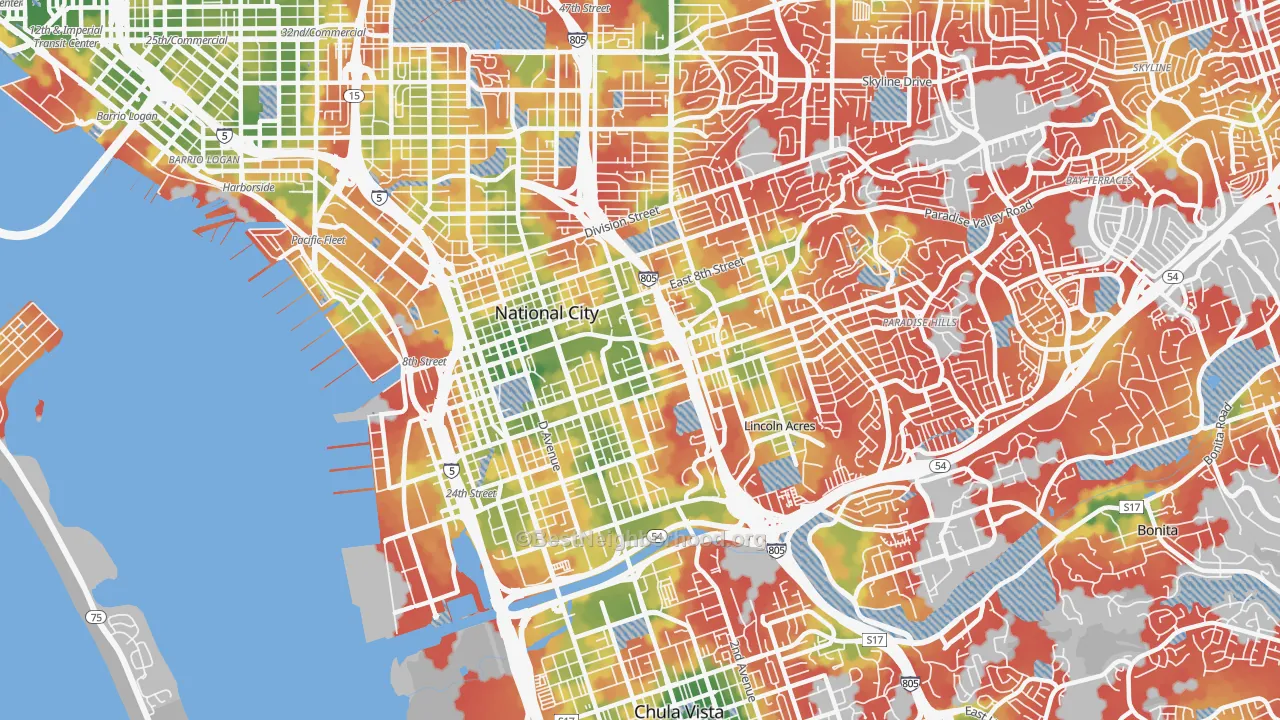 Walk Grade map of National City, CA, walkable areas in green and car-dependent areas in red