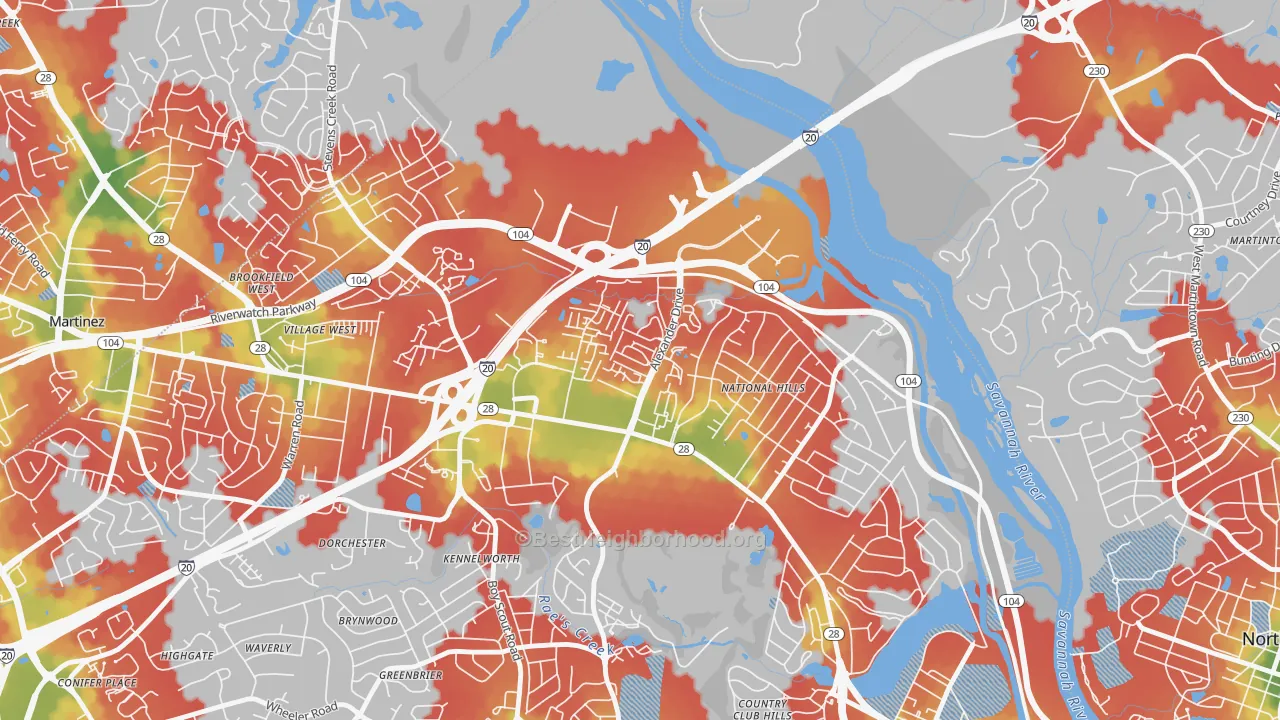 Walk Grade map of National Hills, Augusta, GA, walkable areas in green and car-dependent areas in red