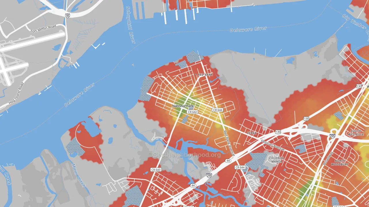 Walk Grade map of National Park, NJ, walkable areas in green and car-dependent areas in red