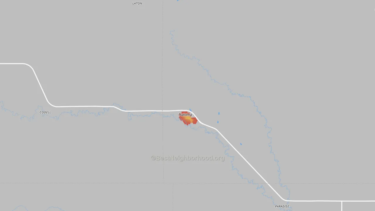 Walk Grade map of Natoma, KS, walkable areas in green and car-dependent areas in red